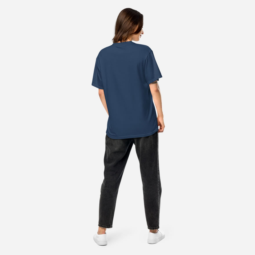 Solid true navy back of Team Canada Women's Soccer t-shirt unisex garment-dyed heavyweight football tee on woman model.