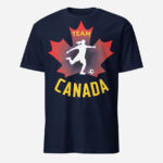 Front of Canadian Women's Soccer navy unisex t-shirt. Player kicking ball silhouette on red maple leaf. Tee says Team Canada.