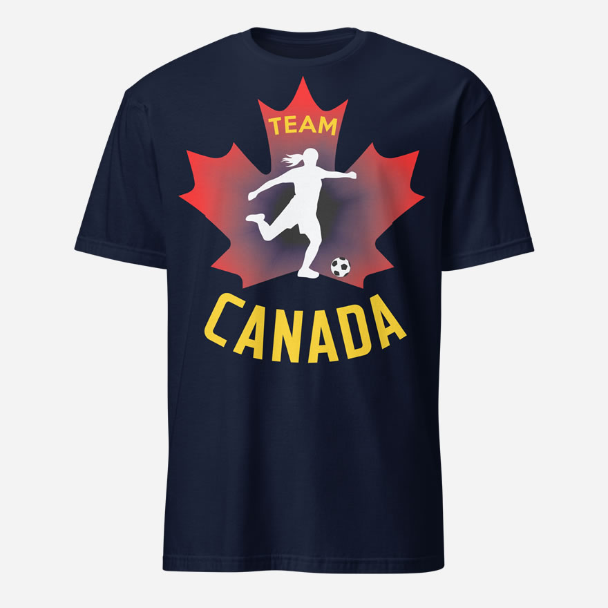 Front of Canadian Women's Soccer navy unisex t-shirt. Player kicking ball silhouette on red maple leaf. Tee says Team Canada.