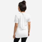 Solid white back of Team Canada Women's Soccer t-shirt unisex softystyle tee on woman model.