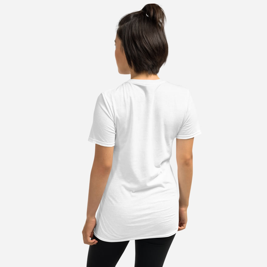 Solid white back of Team Canada Women's Soccer t-shirt unisex softystyle tee on woman model.