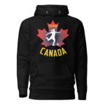 Front of Women's Soccer hoodie black unisex premium pullover. Player kicking ball silhouette on maple leaf. Says Team Canada.