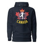 Front of Women's Soccer hoodie navy blazer premium pullover. Player kicking ball silhouette on maple leaf. Says Team Canada.