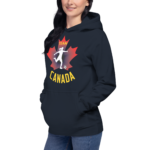 Front of Women's Soccer navy blazer premium hoodie on woman. Player kicking ball silhouette on maple leaf. Says Team Canada.