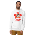 Front of Women's Soccer white premium hoodie on man. Player kicking ball silhouette on maple leaf. Says Team Canada.