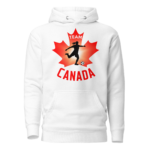 Front of Women's Soccer hoodie white unisex premium pullover. Player kicking ball silhouette on maple leaf. Says Team Canada.