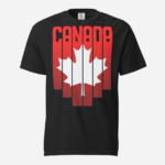 Front of Canada Red & White Maple Leaf t-shirt black unisex heavyweight tee. Flag has pride stripes for the bars and maple leaf.