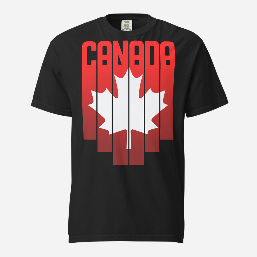 Front of Canada Red & White Maple Leaf t-shirt black unisex heavyweight tee. Flag has pride stripes for the bars and maple leaf.