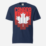 Front of Canada Red & White Maple Leaf t-shirt true navy unisex heavyweight tee. Flag has pride stripes for the bars and maple leaf.
