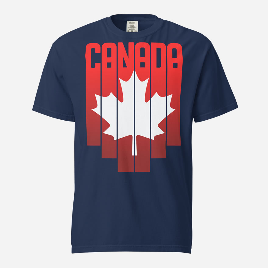 Front of Canada Red & White Maple Leaf t-shirt true navy unisex heavyweight tee. Flag has pride stripes for the bars and maple leaf.