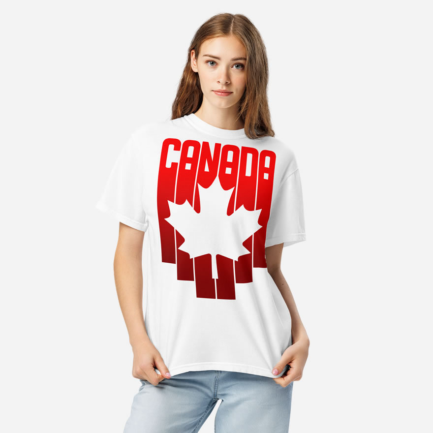 Front of Canada Red & White Maple Leaf t-shirt white unisex heavyweight tee on model. Flag has pride stripes for bars and maple leaf.