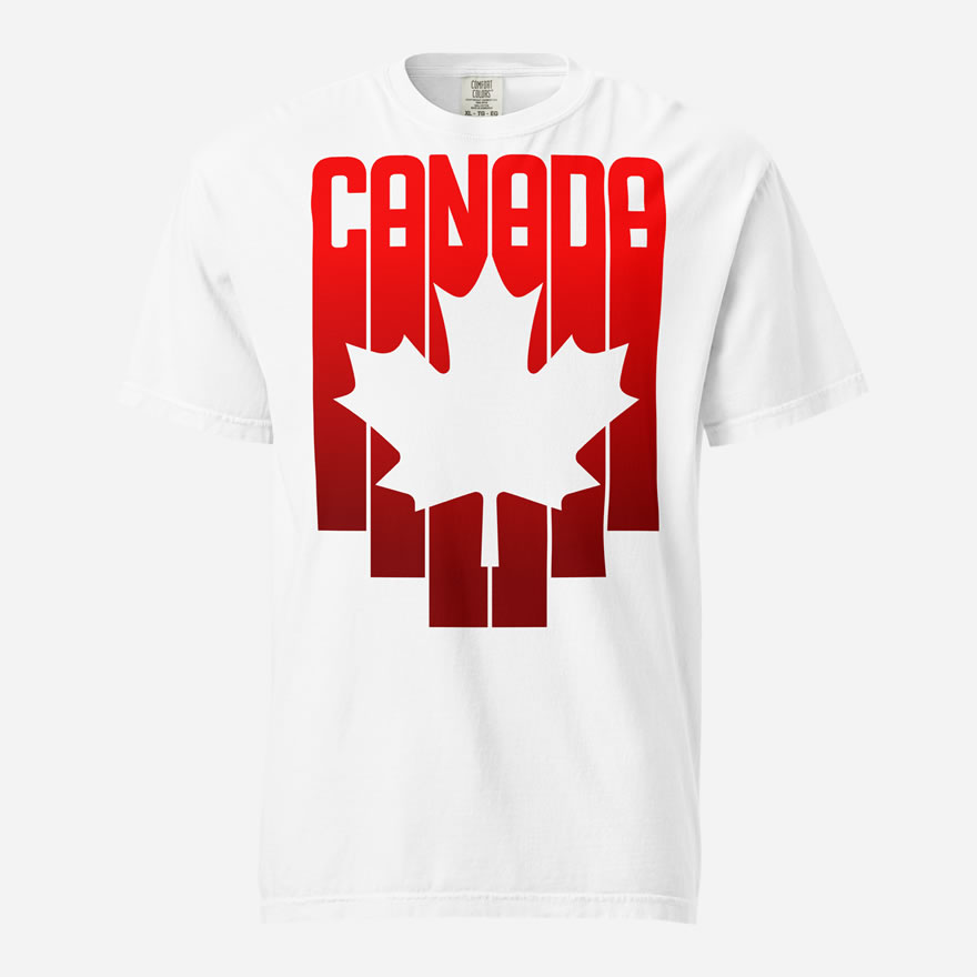 Front of Canada Red & White Maple Leaf t-shirt white unisex heavyweight tee. Flag has pride stripes for the bars and maple leaf.