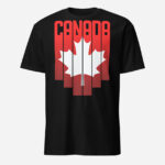 Front of Canada Red & White Maple Leaf t-shirt black softstyle tee. Word Canada on top with red bars dropping & white maple leaf over bars.