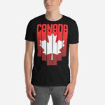Front of Canada Red & White Maple Leaf t-shirt black softstyle tee on model. Word Canada on top with red bars & white maple leaf over bars.