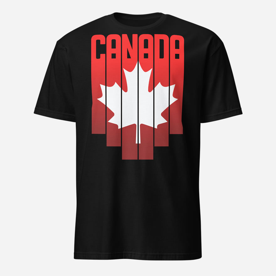 Front of Canada Red & White Maple Leaf t-shirt black softstyle tee. Word Canada on top with red bars dropping & white maple leaf over bars.