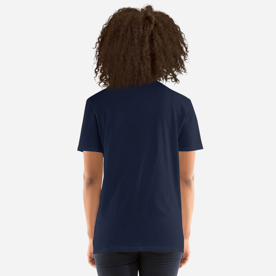 Solid navy back of Canada Red & White Maple Leaf t-shirt unisex softystyle tee on model.