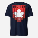 Front of Canada Red & White Maple Leaf t-shirt navy softstyle tee. Word Canada on top with red bars dropping & white maple leaf over bars.
