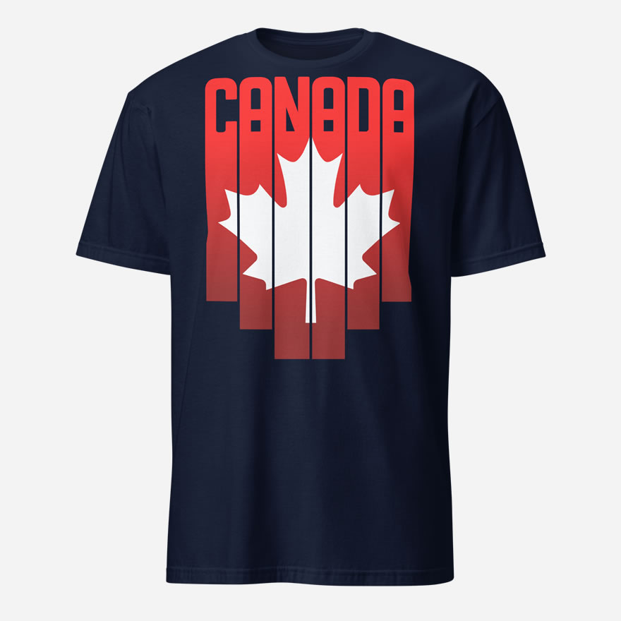 Front of Canada Red & White Maple Leaf t-shirt navy softstyle tee. Word Canada on top with red bars dropping & white maple leaf over bars.