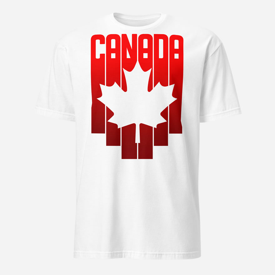 Front of Canada Red & White Maple Leaf t-shirt white softstyle tee. Word Canada on top with red bars dropping & white maple leaf over bars.