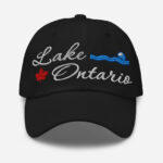Front of Lake Ontario black classic dad hat showing 'Lake Ontario' embroidered white along with red maple leaf & blue wave.