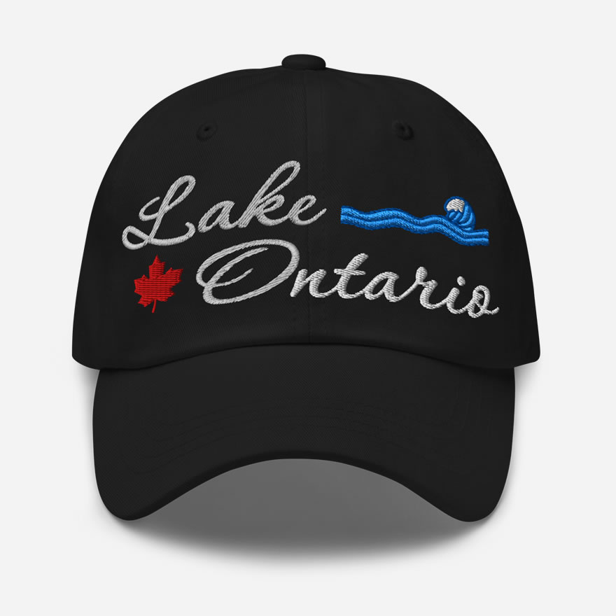 Front of Lake Ontario black classic dad hat showing 'Lake Ontario' embroidered white along with red maple leaf & blue wave.