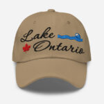Front of Lake Ontario khaki classic dad hat showing 'Lake Ontario' embroidered black along with red maple leaf & blue wave.