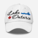 Front of Lake Ontario white classic dad hat showing 'Lake Ontario' embroidered black along with red maple leaf & blue wave.