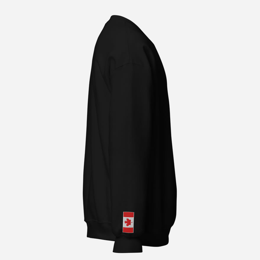 Right side of black Canada True North Maple Leaf sweatshirt showing Canada Flag embroidered on right wrist.