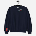 Front of navy Canada True North sweatshirt embroidered in white, red with red maple leaf curved along neckline. Flag on right wrist.