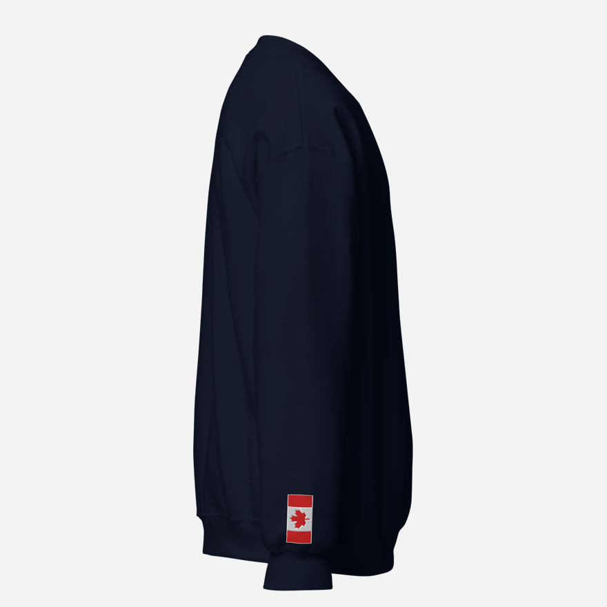 Right side of navy Canada True North Maple Leaf sweatshirt showing Canada Flag embroidered on right wrist.