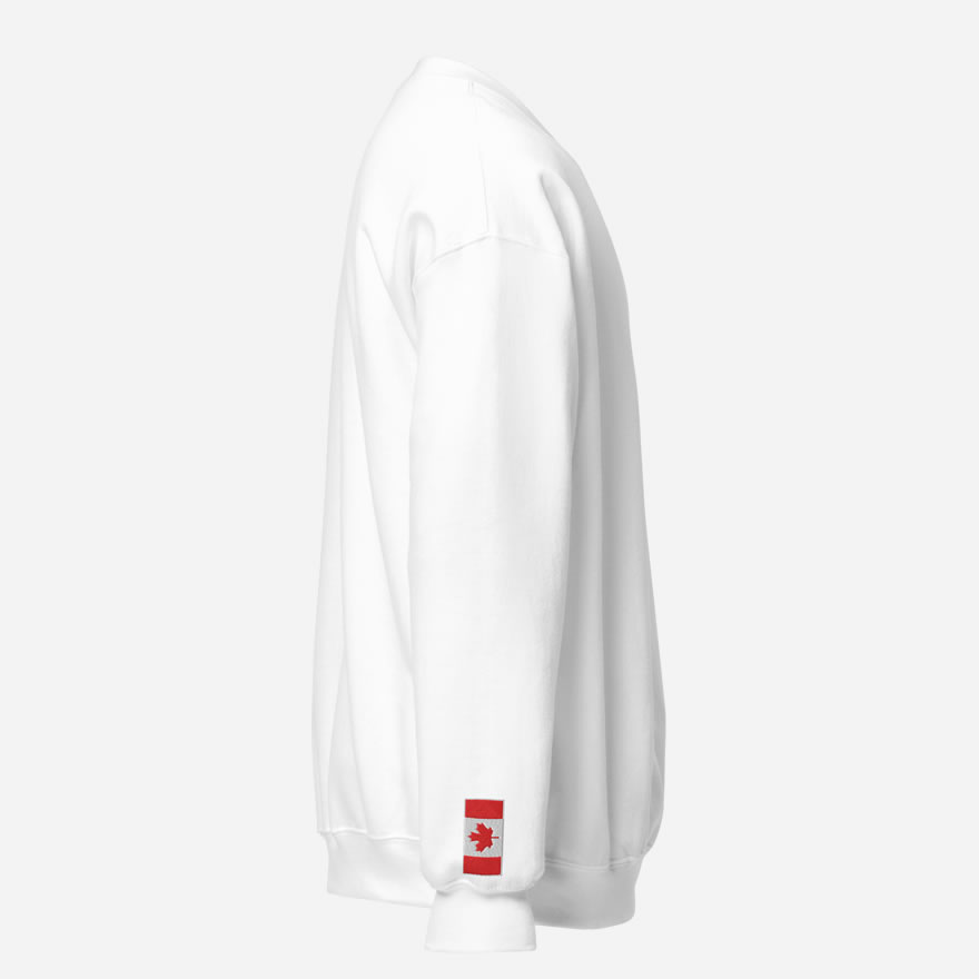 Right side of white Canada True North Maple Leaf sweatshirt showing Canada Flag embroidered on right wrist.