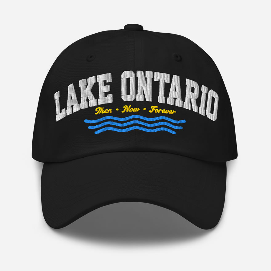 Front of Lake Ontario Canada black dad hat showing words 'Lake Ontario' atop wavy lines embroidered white above red maple leaves.
