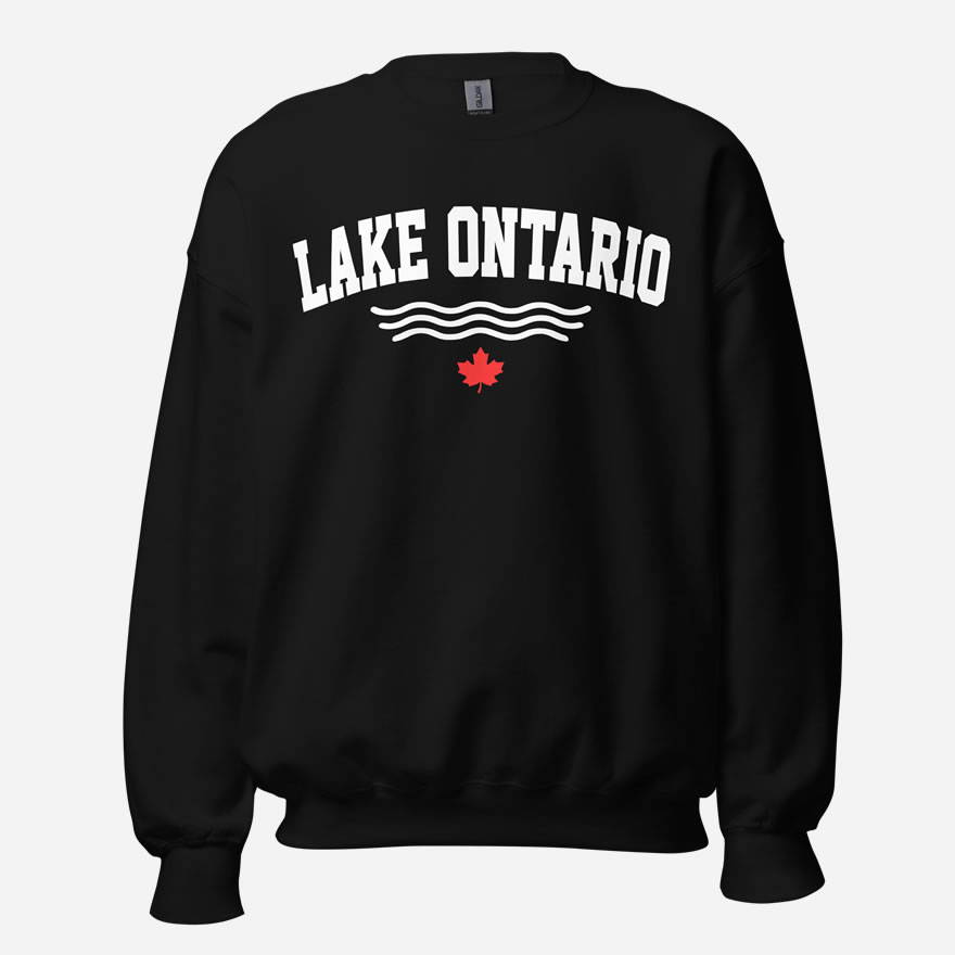 Front of Lake Ontario black unisex crew neck sweatshirt with words Lake Ontario atop wavy lines (in white) above a red maple leaf.