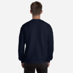 All navy back of Lake Ontario unisex crew neck sweatshirt on model.