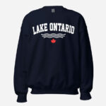 Front of Lake Ontario navy unisex crew neck sweatshirt with words Lake Ontario atop wavy lines (in white) above a red maple leaf.