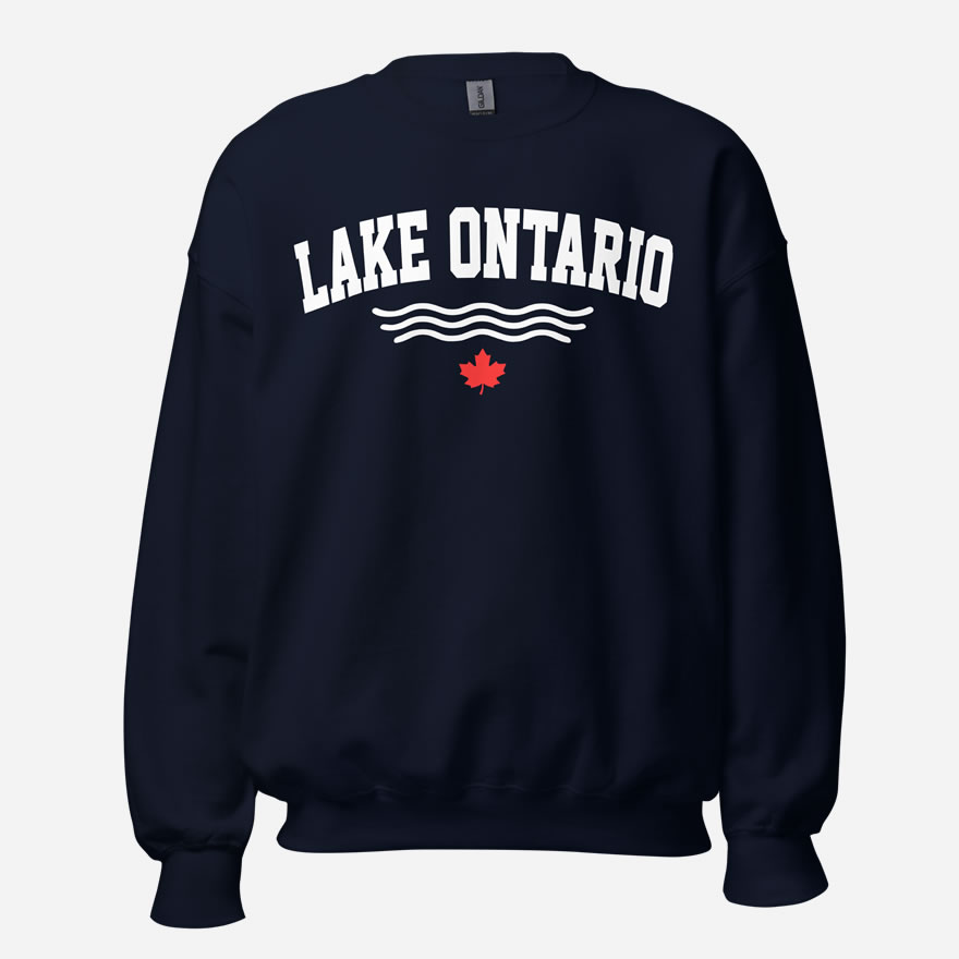 Front of Lake Ontario navy unisex crew neck sweatshirt with words Lake Ontario atop wavy lines (in white) above a red maple leaf.