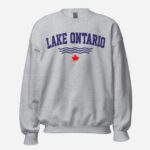 Front of Lake Ontario sport grey unisex crew neck sweatshirt with words Lake Ontario atop wavy lines (in navy) above a red maple leaf.