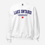 Front of Lake Ontario white unisex crew neck sweatshirt with words Lake Ontario atop wavy lines (in navy) above a red maple leaf.