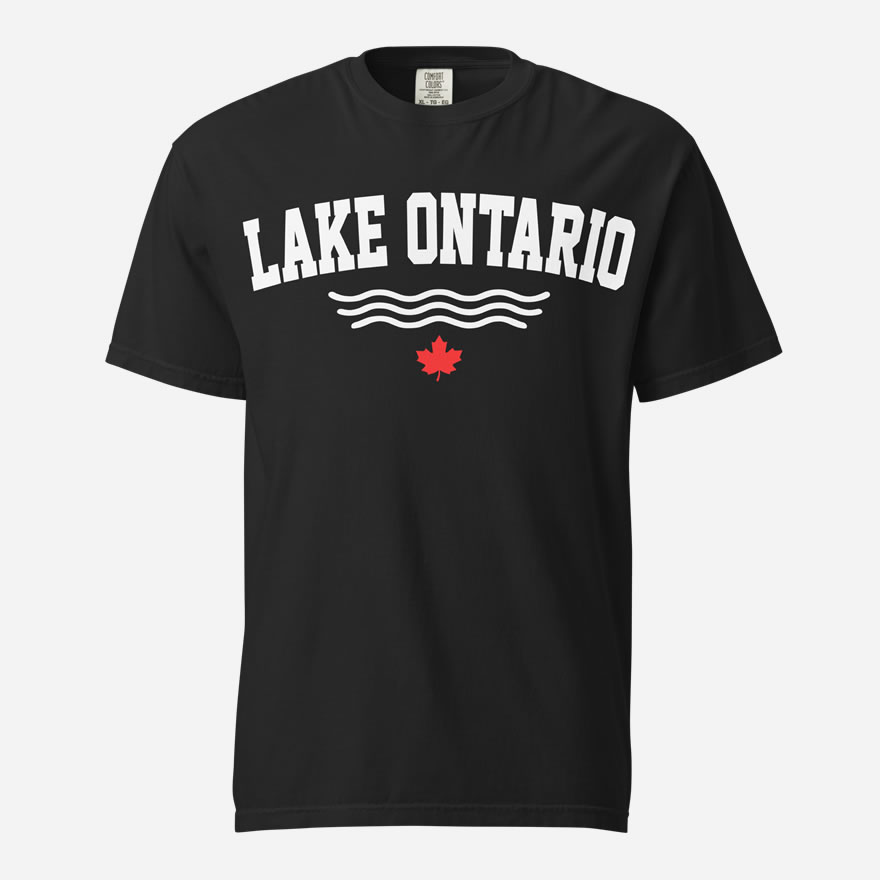 Front of Lake Ontario black heavyweight t-shirt with words Lake Ontario atop wavy lines (in white) above a red maple leaf.