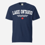 Front of Lake Ontario true navy heavyweight t-shirt with words Lake Ontario atop wavy lines (in white) above a red maple leaf.
