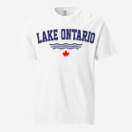 Front of Lake Ontario white heavyweight t-shirt with words Lake Ontario atop wavy lines (in navy) above a red maple leaf.