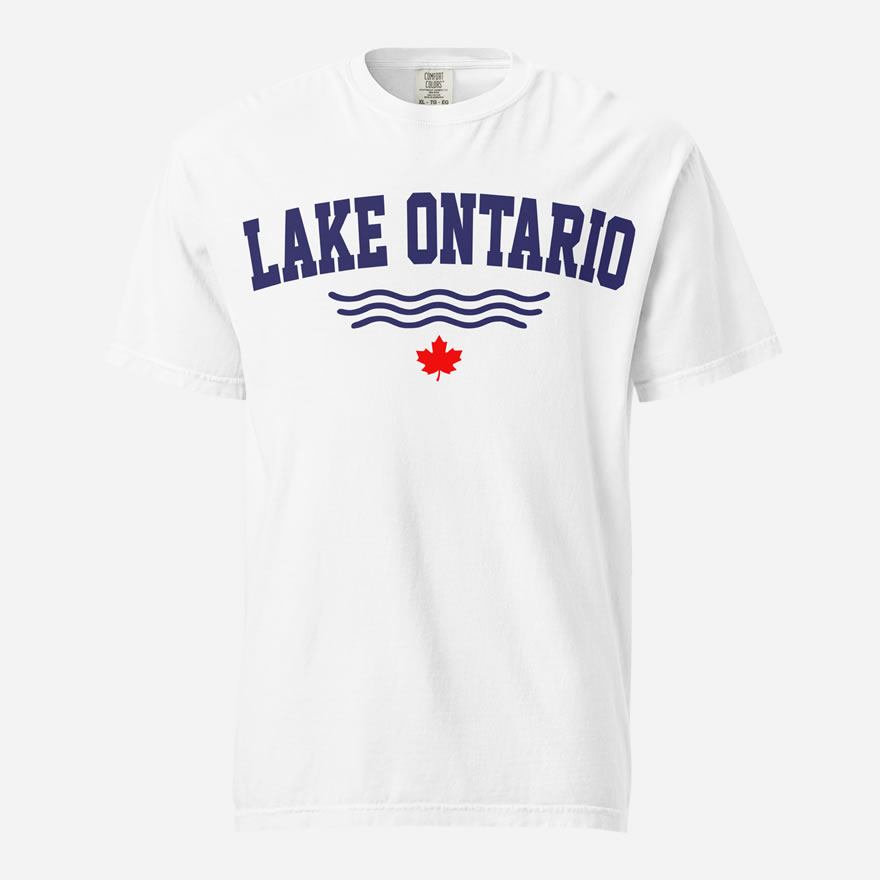 Front of Lake Ontario white heavyweight t-shirt with words Lake Ontario atop wavy lines (in navy) above a red maple leaf.