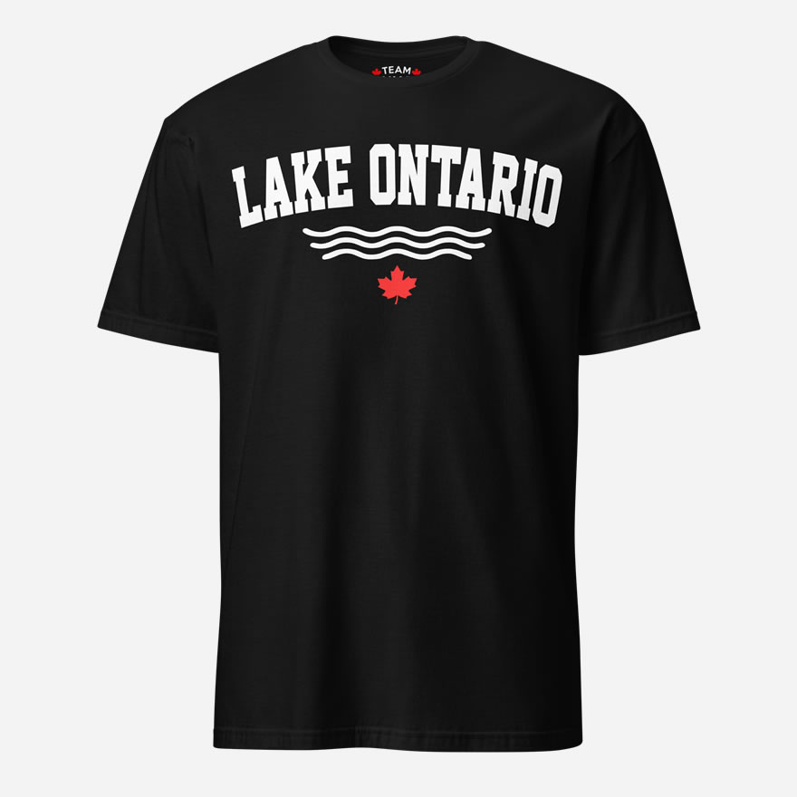 Front of Lake Ontario black t-shirt with words Lake Ontario atop wavy lines (in white) above a red maple leaf.