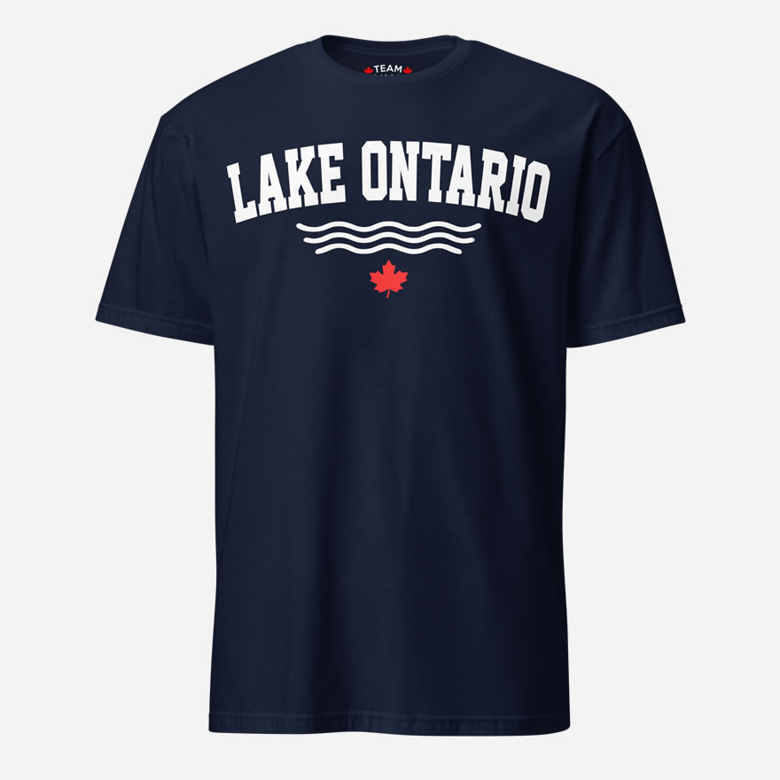 Front of Lake Ontario navy t-shirt with words Lake Ontario atop wavy lines (in white) above a red maple leaf.