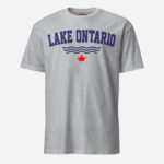 Front of Lake Ontario sport grey softstyle t-shirt with words Lake Ontario atop wavy lines (in navy) above a red maple leaf.