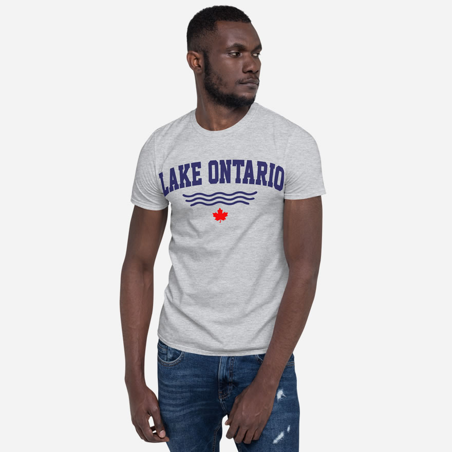 Front of Lake Ontario sport grey t-shirt on model with words Lake Ontario atop wavy lines (in navy) above a red maple leaf.