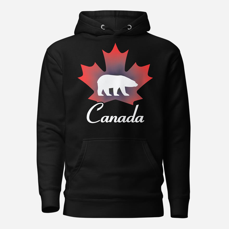 Front of Canada Polar Bear black unisex premium hoodie showing maple leaf & Polar Bear print with Canada written below.