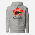 Front of Canada Polar Bear carbon grey unisex premium hoodie with maple leaf & Polar Bear print. Canada written below.