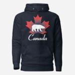 Front of Canada Polar Bear navy blazer unisex premium hoodie with maple leaf & Polar Bear print with Canada written below.