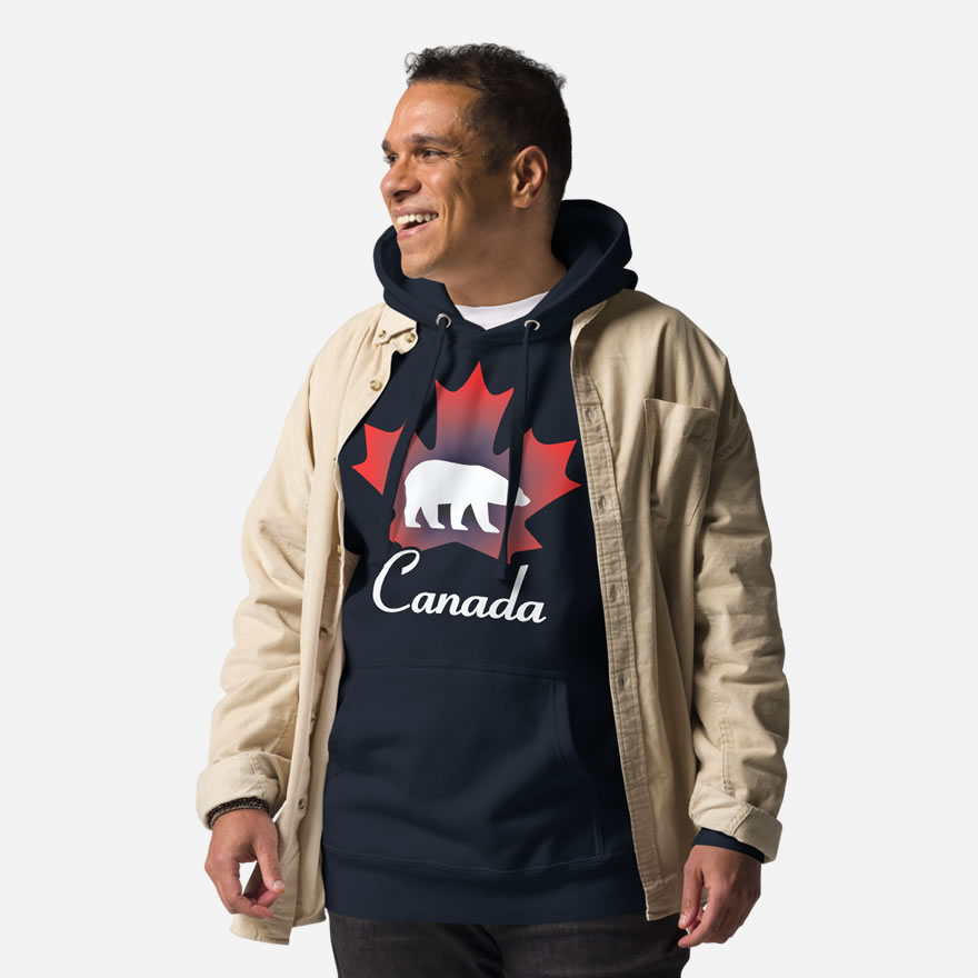 Front of Canada Polar Bear navy blazer unisex premium hoodie on male with maple leaf & Polar Bear print. Canada written below.